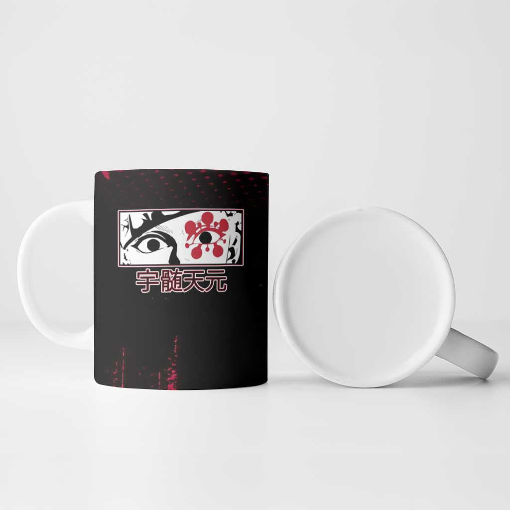 Tengen Uzui Demon Slayer Flashy Red Grunge Design Ceramic Mug with Eye Detail and Dual Sword Pose - The Mazicc