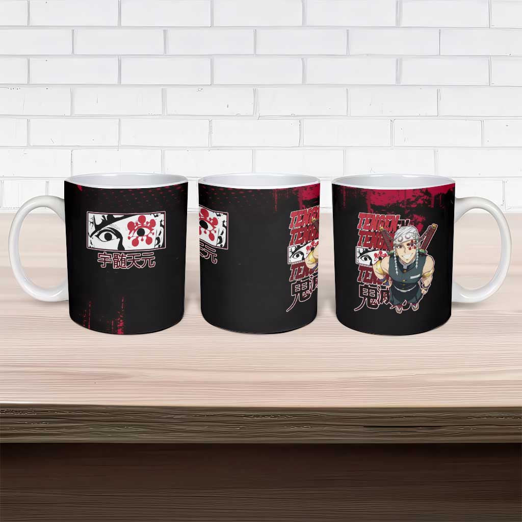 Tengen Uzui Demon Slayer Flashy Red Grunge Design Ceramic Mug with Eye Detail and Dual Sword Pose - The Mazicc