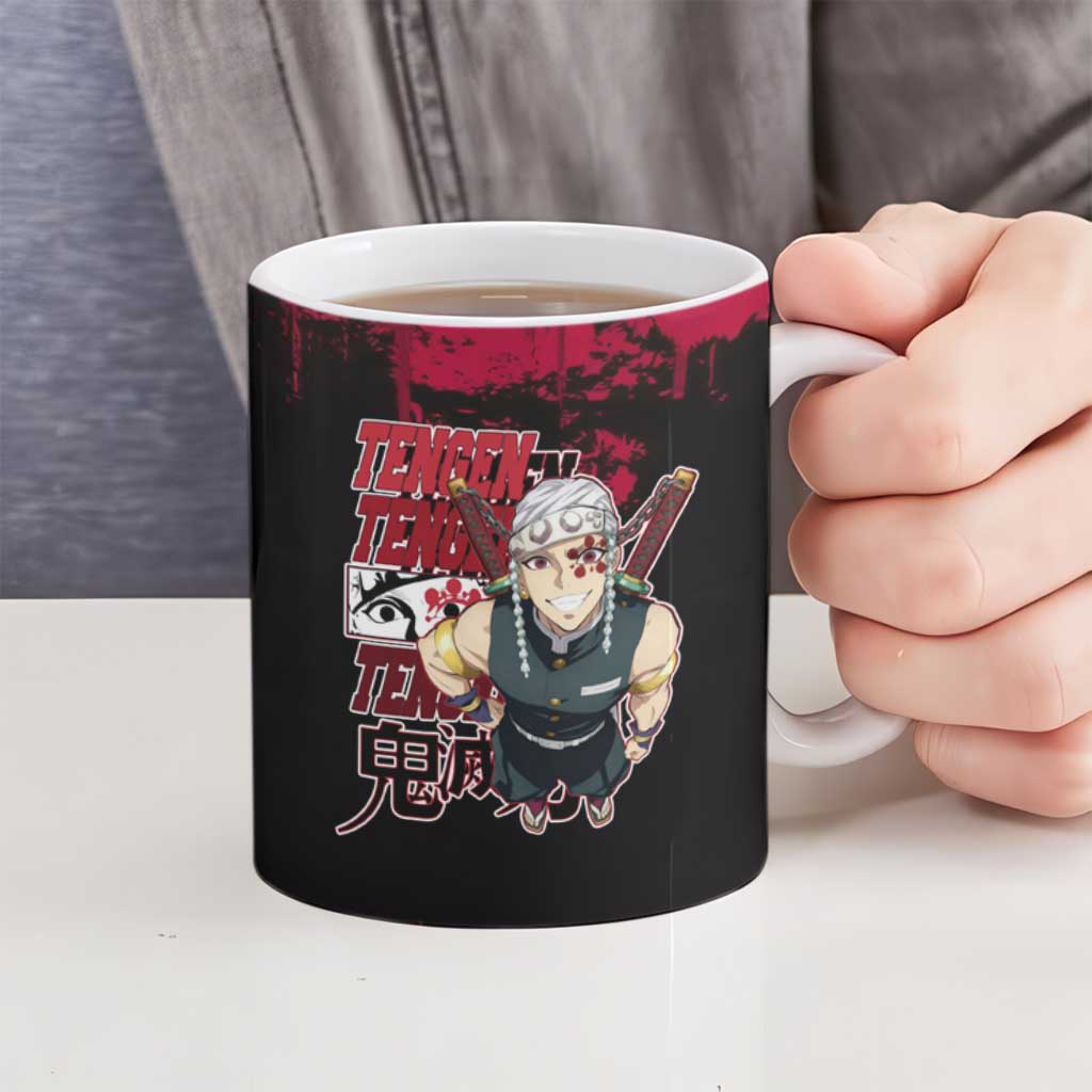 Tengen Uzui Demon Slayer Flashy Red Grunge Design Ceramic Mug with Eye Detail and Dual Sword Pose - The Mazicc