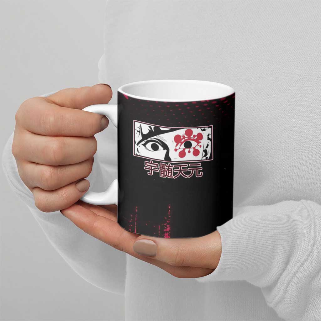 Tengen Uzui Demon Slayer Flashy Red Grunge Design Ceramic Mug with Eye Detail and Dual Sword Pose - The Mazicc