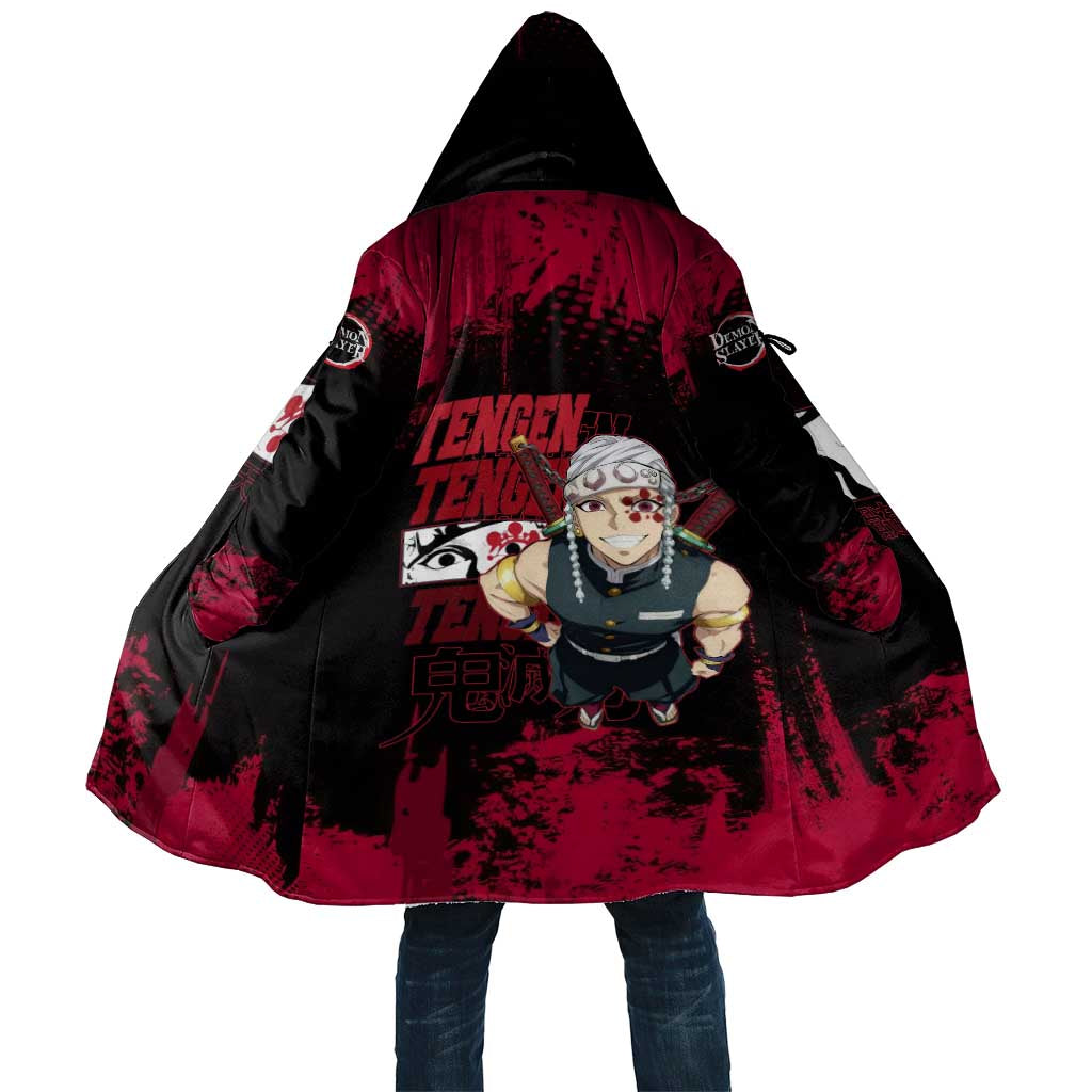 Tengen Uzui Demon Slayer Flashy Red Grunge Design Cloak with Eye Detail and Dual Sword Pose - The Mazicc
