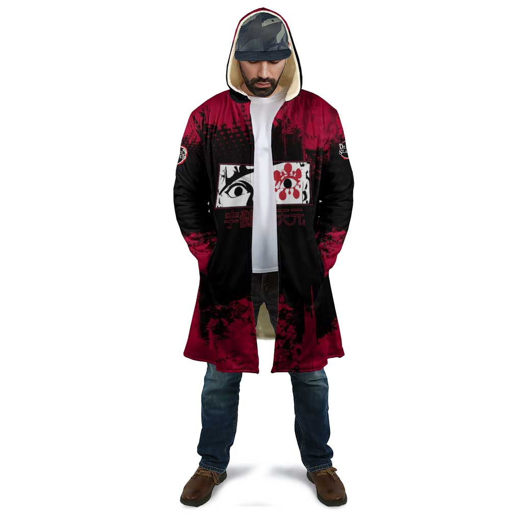 Tengen Uzui Demon Slayer Flashy Red Grunge Design Cloak with Eye Detail and Dual Sword Pose - The Mazicc