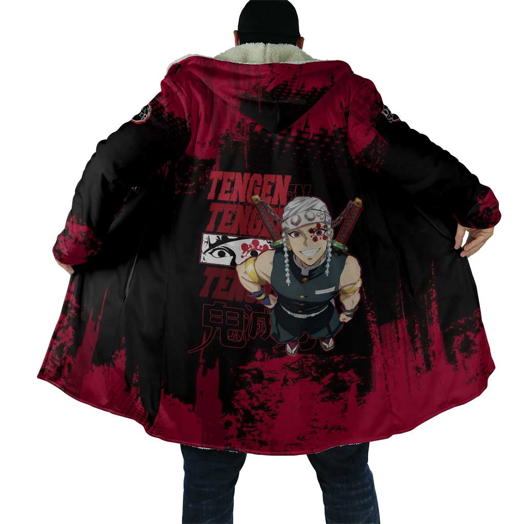 Tengen Uzui Demon Slayer Flashy Red Grunge Design Cloak with Eye Detail and Dual Sword Pose - The Mazicc