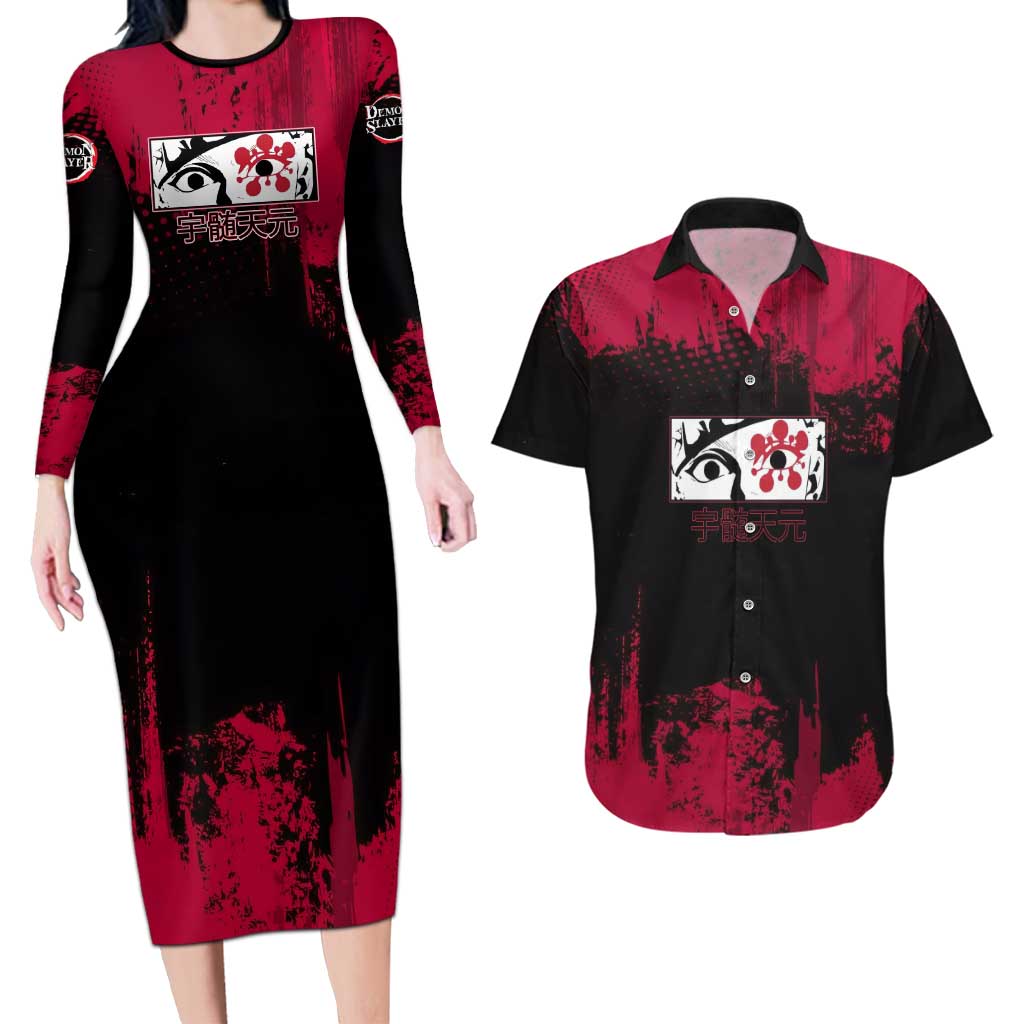 Tengen Uzui Demon Slayer Flashy Red Grunge Design Couples Matching Long Sleeve Bodycon Dress and Hawaiian Shirt with Eye Detail and Dual Sword Pose - The Mazicc