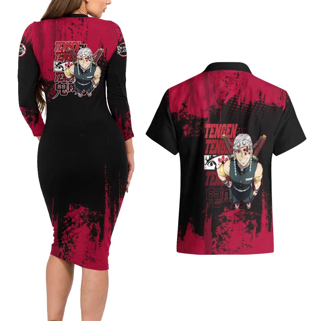 Tengen Uzui Demon Slayer Flashy Red Grunge Design Couples Matching Long Sleeve Bodycon Dress and Hawaiian Shirt with Eye Detail and Dual Sword Pose - The Mazicc