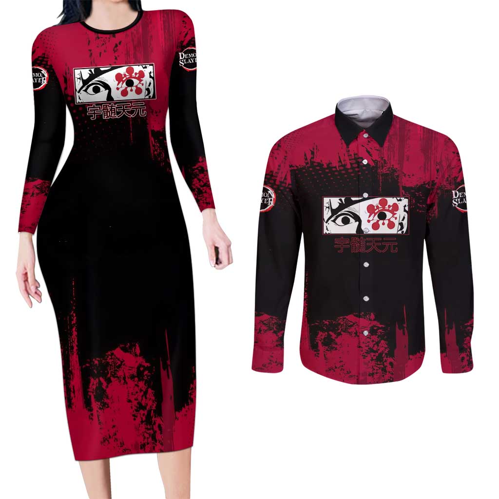 Tengen Uzui Demon Slayer Flashy Red Grunge Design Couples Matching Long Sleeve Bodycon Dress and Long Sleeve Button Shirt with Eye Detail and Dual Sword Pose - The Mazicc