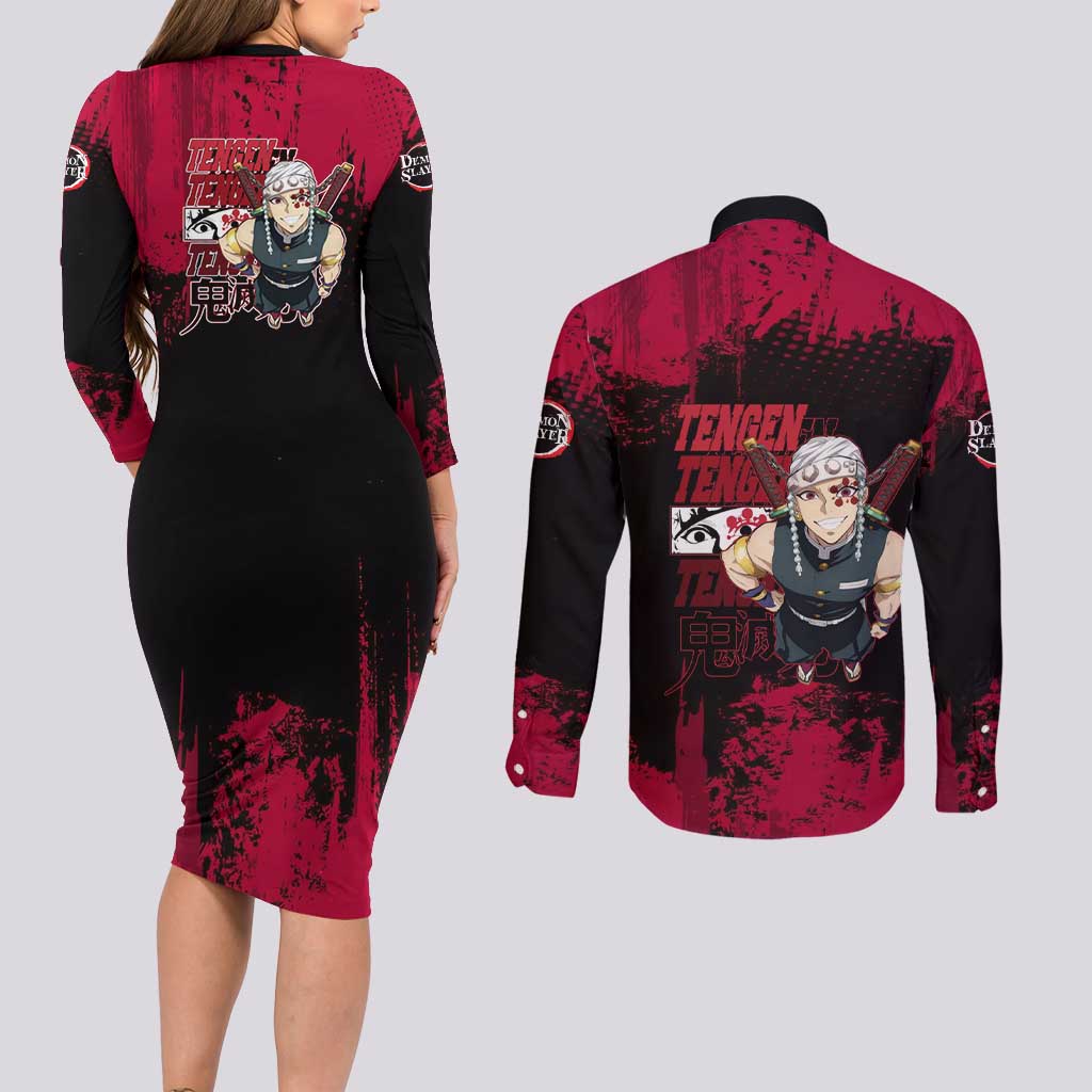 Tengen Uzui Demon Slayer Flashy Red Grunge Design Couples Matching Long Sleeve Bodycon Dress and Long Sleeve Button Shirt with Eye Detail and Dual Sword Pose - The Mazicc