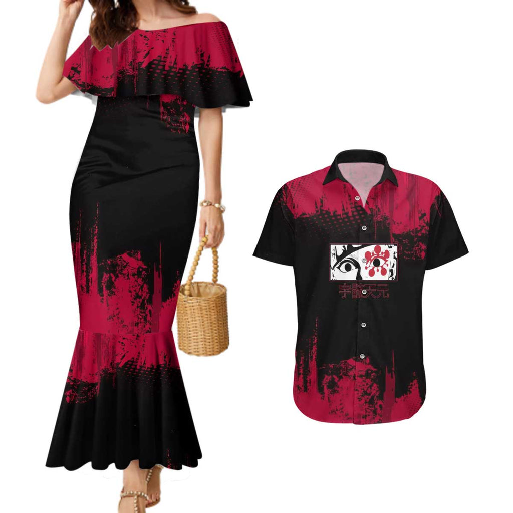 Tengen Uzui Demon Slayer Flashy Red Grunge Design Couples Matching Mermaid Dress and Hawaiian Shirt with Eye Detail and Dual Sword Pose - The Mazicc