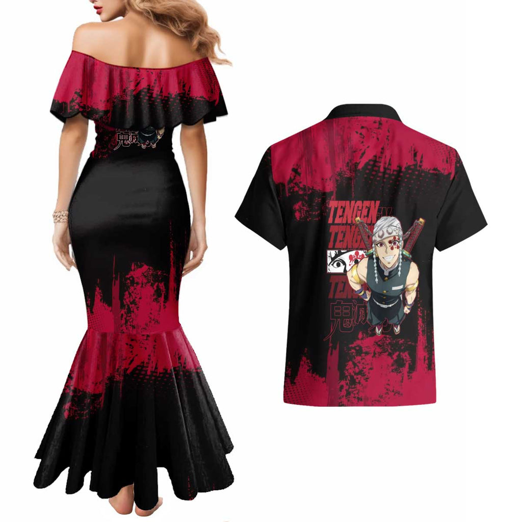 Tengen Uzui Demon Slayer Flashy Red Grunge Design Couples Matching Mermaid Dress and Hawaiian Shirt with Eye Detail and Dual Sword Pose - The Mazicc