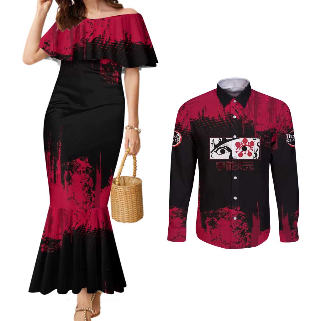 Tengen Uzui Demon Slayer Flashy Red Grunge Design Couples Matching Mermaid Dress and Long Sleeve Button Shirt with Eye Detail and Dual Sword Pose - The Mazicc