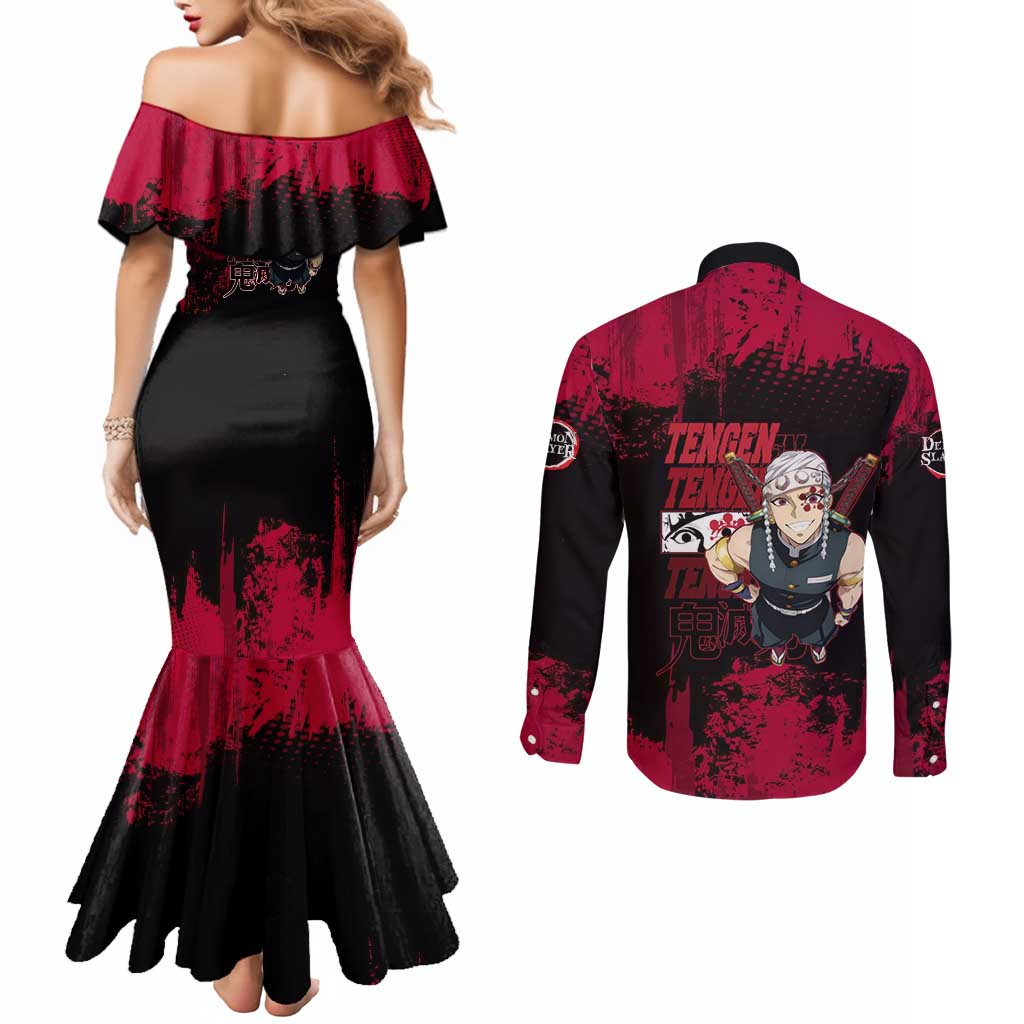 Tengen Uzui Demon Slayer Flashy Red Grunge Design Couples Matching Mermaid Dress and Long Sleeve Button Shirt with Eye Detail and Dual Sword Pose - The Mazicc