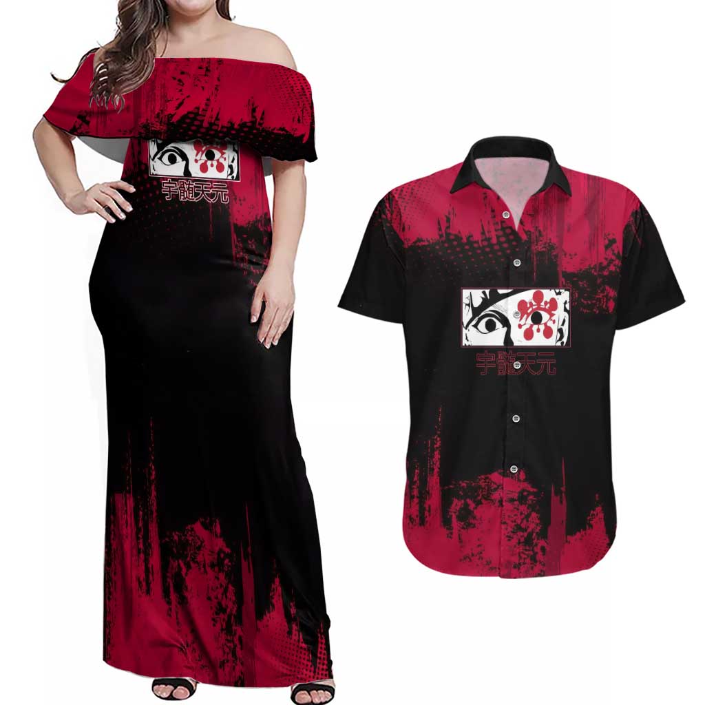 Tengen Uzui Demon Slayer Flashy Red Grunge Design Couples Matching Off Shoulder Maxi Dress and Hawaiian Shirt with Eye Detail and Dual Sword Pose - The Mazicc