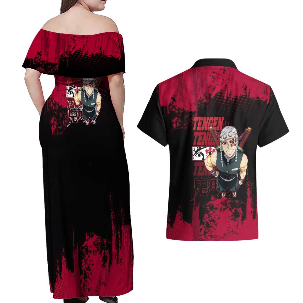 Tengen Uzui Demon Slayer Flashy Red Grunge Design Couples Matching Off Shoulder Maxi Dress and Hawaiian Shirt with Eye Detail and Dual Sword Pose - The Mazicc