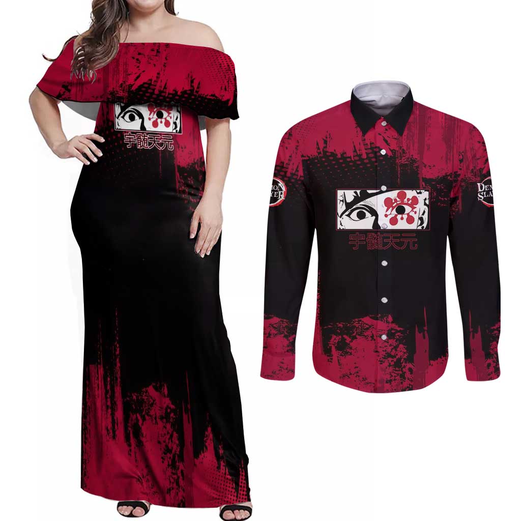 Tengen Uzui Demon Slayer Flashy Red Grunge Design Couples Matching Off Shoulder Maxi Dress and Long Sleeve Button Shirt with Eye Detail and Dual Sword Pose - The Mazicc