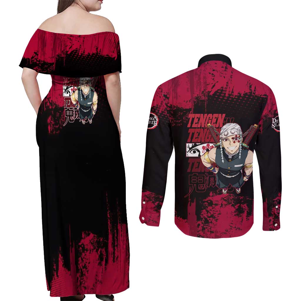 Tengen Uzui Demon Slayer Flashy Red Grunge Design Couples Matching Off Shoulder Maxi Dress and Long Sleeve Button Shirt with Eye Detail and Dual Sword Pose - The Mazicc