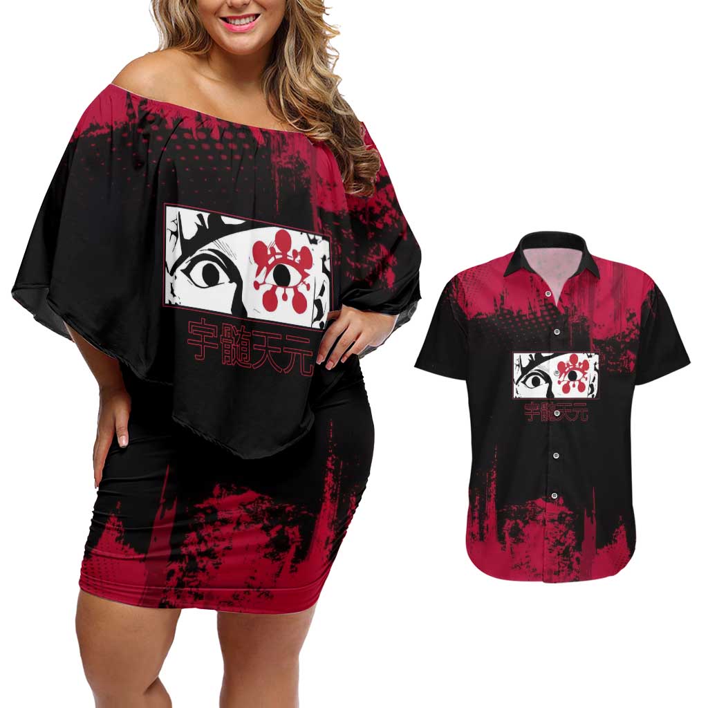 Tengen Uzui Demon Slayer Flashy Red Grunge Design Couples Matching Off Shoulder Short Dress and Hawaiian Shirt with Eye Detail and Dual Sword Pose - The Mazicc