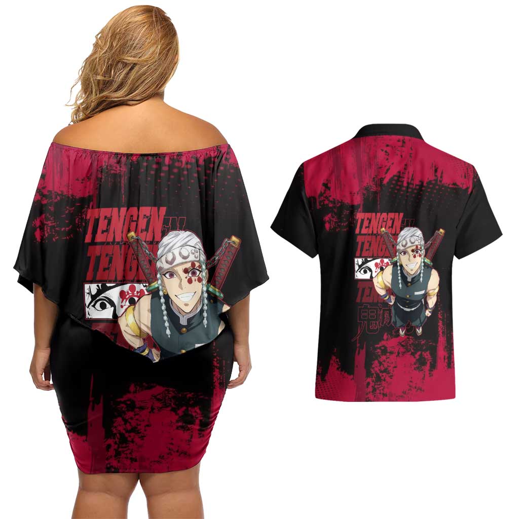 Tengen Uzui Demon Slayer Flashy Red Grunge Design Couples Matching Off Shoulder Short Dress and Hawaiian Shirt with Eye Detail and Dual Sword Pose - The Mazicc