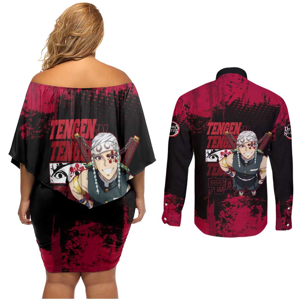 Tengen Uzui Demon Slayer Flashy Red Grunge Design Couples Matching Off Shoulder Short Dress and Long Sleeve Button Shirt with Eye Detail and Dual Sword Pose - The Mazicc
