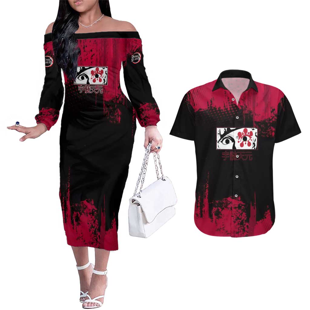 Tengen Uzui Demon Slayer Flashy Red Grunge Design Couples Matching Off The Shoulder Long Sleeve Dress and Hawaiian Shirt with Eye Detail and Dual Sword Pose - The Mazicc