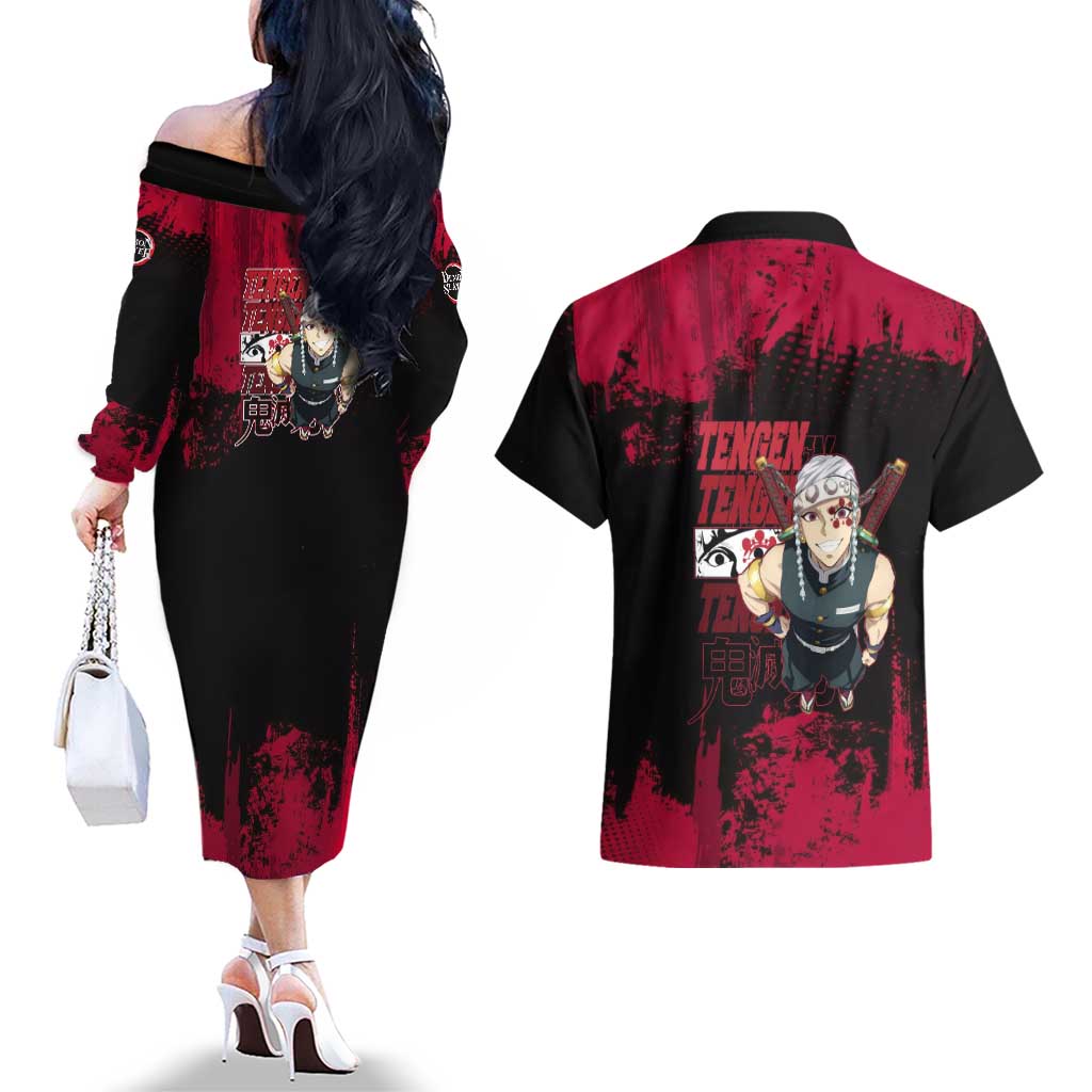 Tengen Uzui Demon Slayer Flashy Red Grunge Design Couples Matching Off The Shoulder Long Sleeve Dress and Hawaiian Shirt with Eye Detail and Dual Sword Pose - The Mazicc