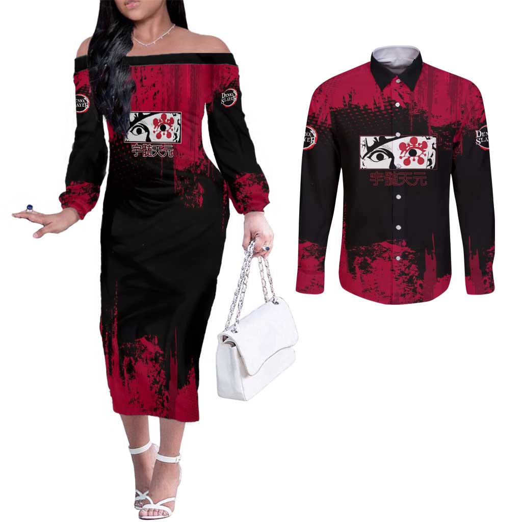 Tengen Uzui Demon Slayer Flashy Red Grunge Design Couples Matching Off The Shoulder Long Sleeve Dress and Long Sleeve Button Shirt with Eye Detail and Dual Sword Pose - The Mazicc