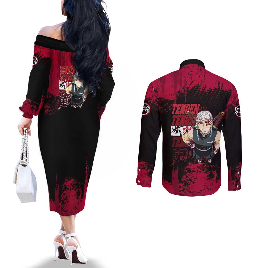 Tengen Uzui Demon Slayer Flashy Red Grunge Design Couples Matching Off The Shoulder Long Sleeve Dress and Long Sleeve Button Shirt with Eye Detail and Dual Sword Pose - The Mazicc