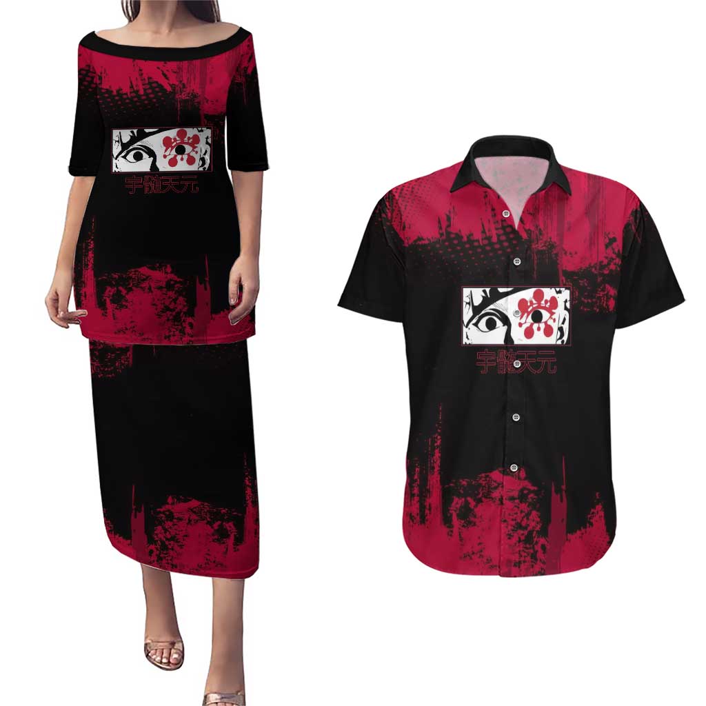 Tengen Uzui Demon Slayer Flashy Red Grunge Design Couples Matching Puletasi and Hawaiian Shirt with Eye Detail and Dual Sword Pose - The Mazicc