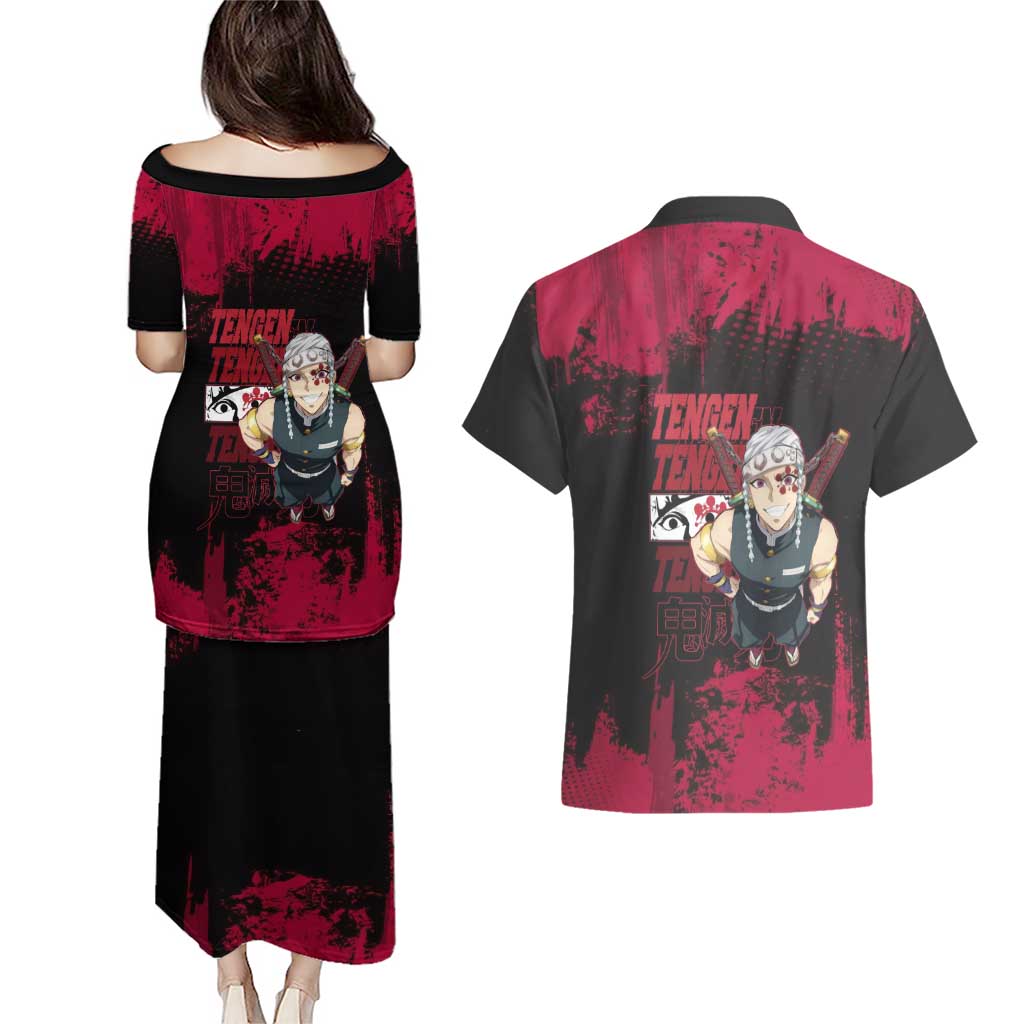 Tengen Uzui Demon Slayer Flashy Red Grunge Design Couples Matching Puletasi and Hawaiian Shirt with Eye Detail and Dual Sword Pose - The Mazicc