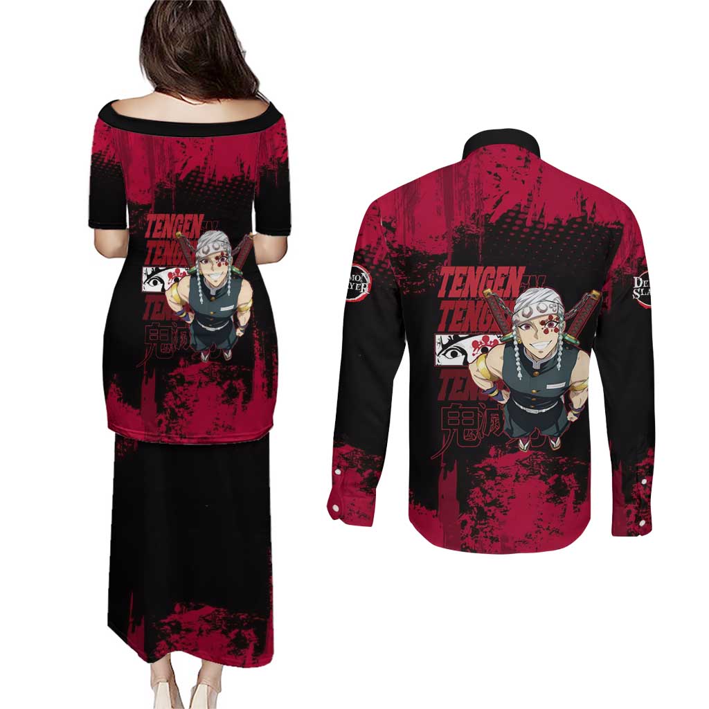 Tengen Uzui Demon Slayer Flashy Red Grunge Design Couples Matching Puletasi and Long Sleeve Button Shirt with Eye Detail and Dual Sword Pose - The Mazicc