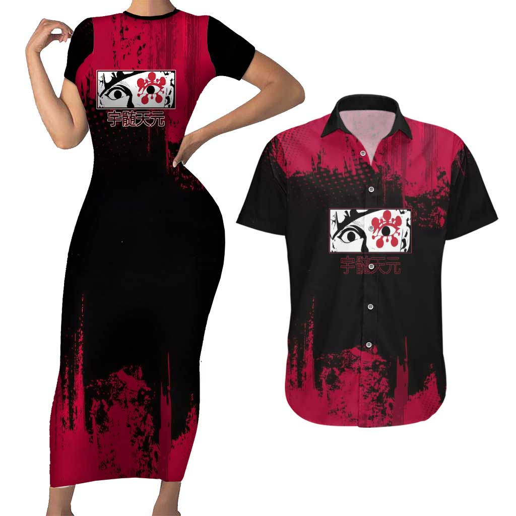 Tengen Uzui Demon Slayer Flashy Red Grunge Design Couples Matching Short Sleeve Bodycon Dress and Hawaiian Shirt with Eye Detail and Dual Sword Pose - The Mazicc
