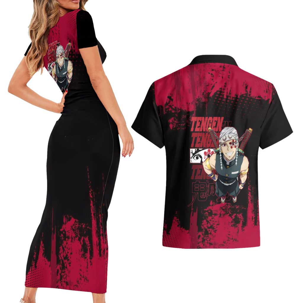 Tengen Uzui Demon Slayer Flashy Red Grunge Design Couples Matching Short Sleeve Bodycon Dress and Hawaiian Shirt with Eye Detail and Dual Sword Pose - The Mazicc