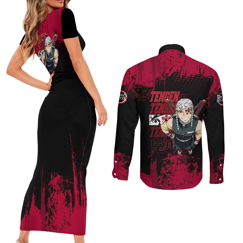 Tengen Uzui Demon Slayer Flashy Red Grunge Design Couples Matching Short Sleeve Bodycon Dress and Long Sleeve Button Shirt with Eye Detail and Dual Sword Pose - The Mazicc