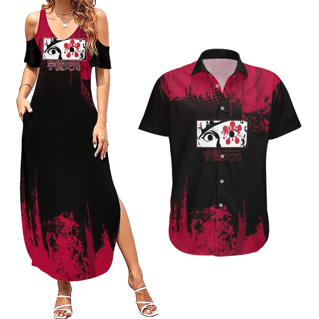 Tengen Uzui Demon Slayer Flashy Red Grunge Design Couples Matching Summer Maxi Dress and Hawaiian Shirt with Eye Detail and Dual Sword Pose - The Mazicc