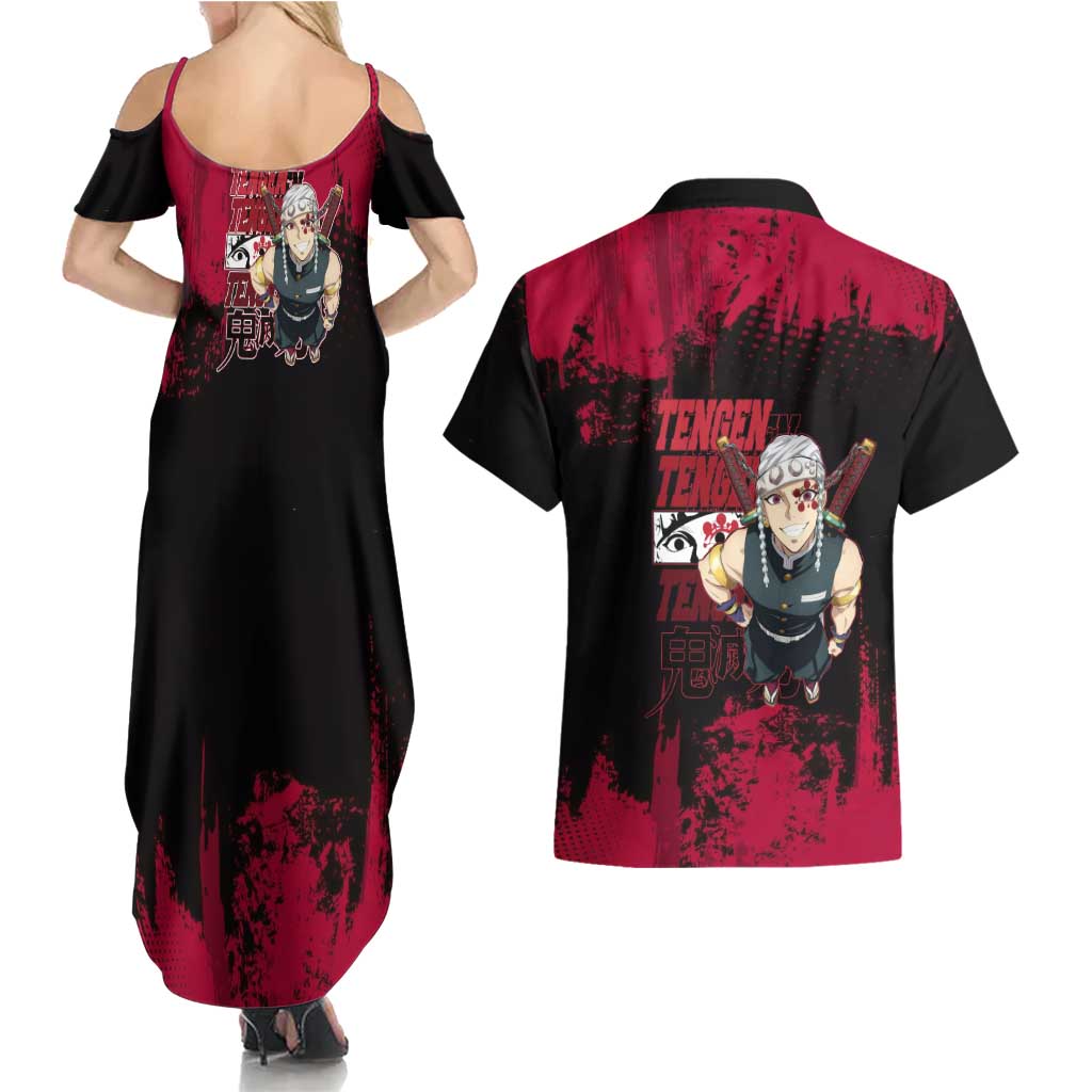 Tengen Uzui Demon Slayer Flashy Red Grunge Design Couples Matching Summer Maxi Dress and Hawaiian Shirt with Eye Detail and Dual Sword Pose - The Mazicc