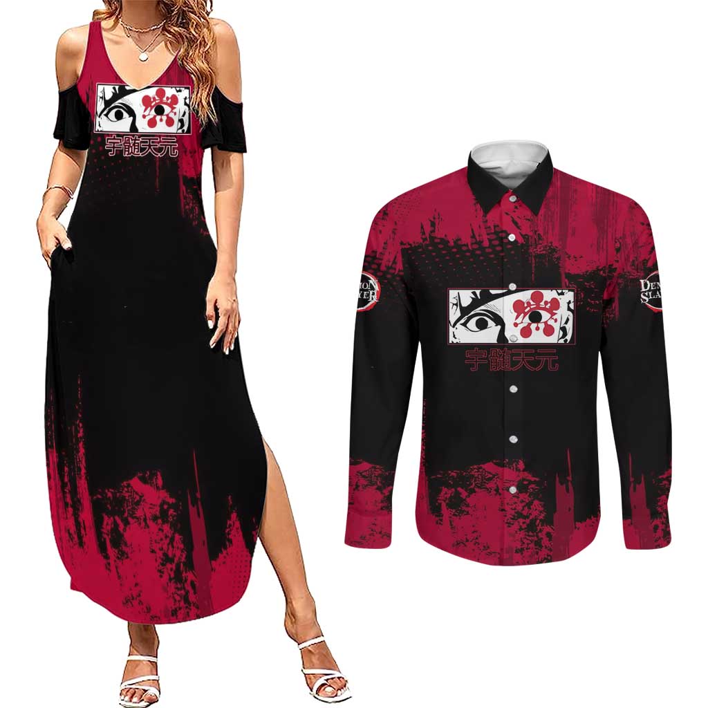 Tengen Uzui Demon Slayer Flashy Red Grunge Design Couples Matching Summer Maxi Dress and Long Sleeve Button Shirt with Eye Detail and Dual Sword Pose - The Mazicc
