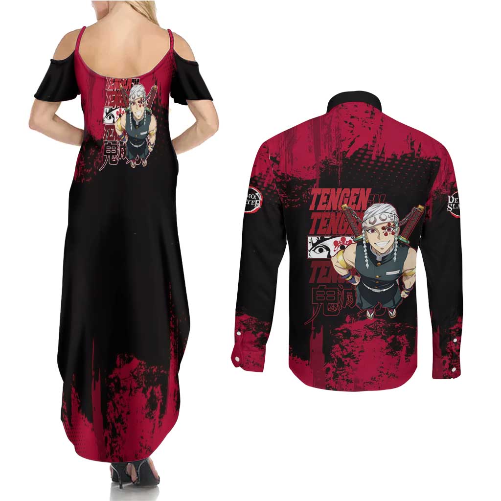 Tengen Uzui Demon Slayer Flashy Red Grunge Design Couples Matching Summer Maxi Dress and Long Sleeve Button Shirt with Eye Detail and Dual Sword Pose - The Mazicc