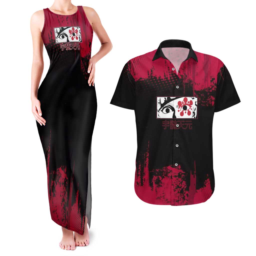 Tengen Uzui Demon Slayer Flashy Red Grunge Design Couples Matching Tank Maxi Dress and Hawaiian Shirt with Eye Detail and Dual Sword Pose - The Mazicc