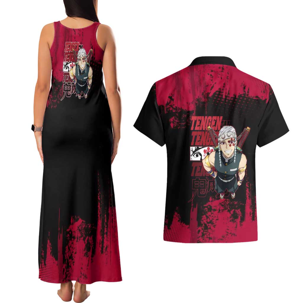 Tengen Uzui Demon Slayer Flashy Red Grunge Design Couples Matching Tank Maxi Dress and Hawaiian Shirt with Eye Detail and Dual Sword Pose - The Mazicc