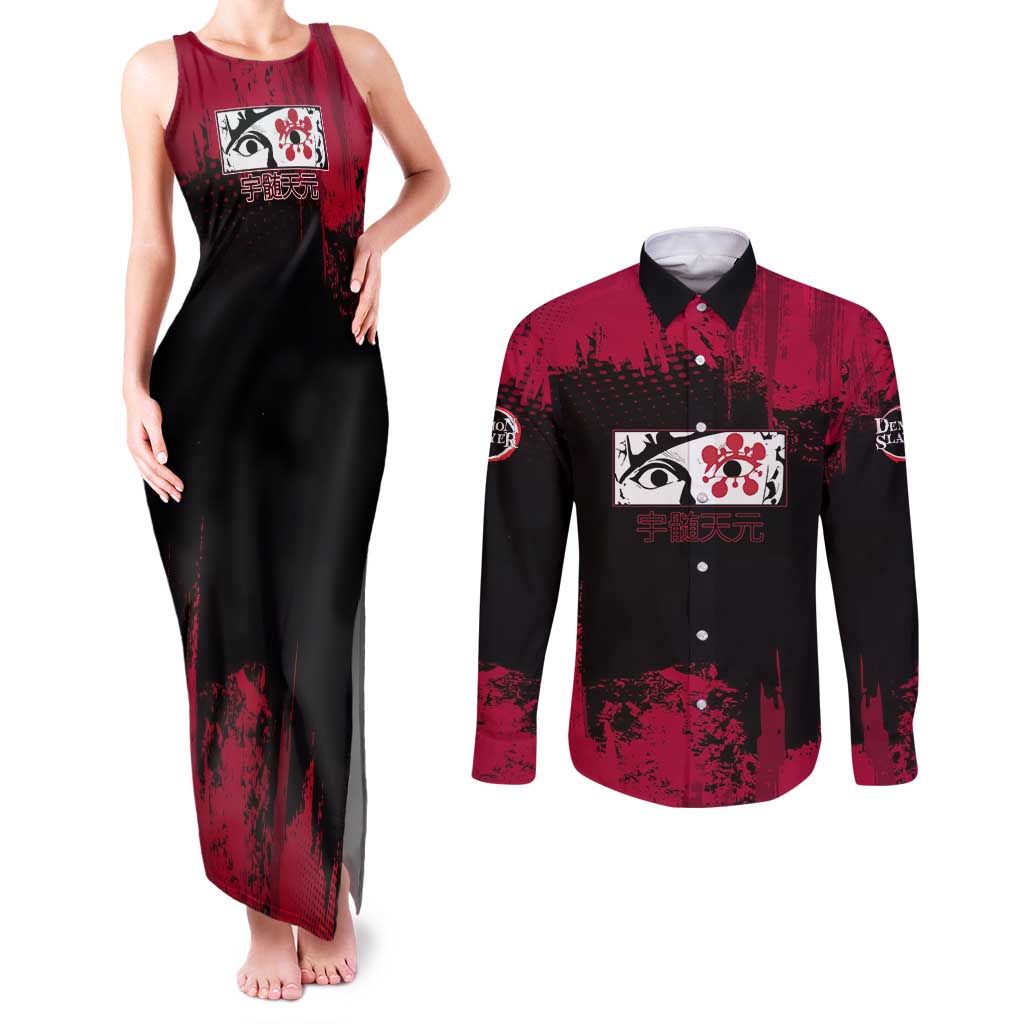 Tengen Uzui Demon Slayer Flashy Red Grunge Design Couples Matching Tank Maxi Dress and Long Sleeve Button Shirt with Eye Detail and Dual Sword Pose - The Mazicc