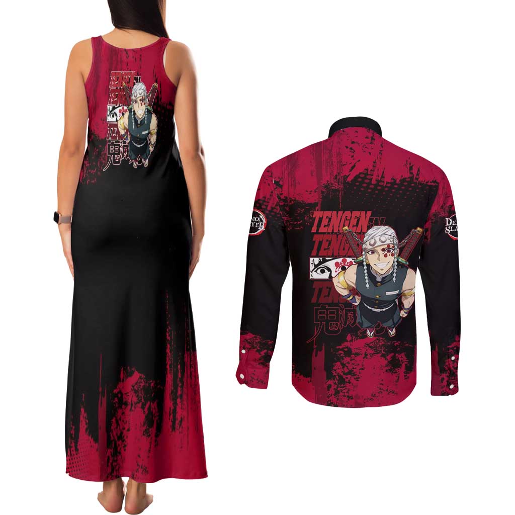 Tengen Uzui Demon Slayer Flashy Red Grunge Design Couples Matching Tank Maxi Dress and Long Sleeve Button Shirt with Eye Detail and Dual Sword Pose - The Mazicc