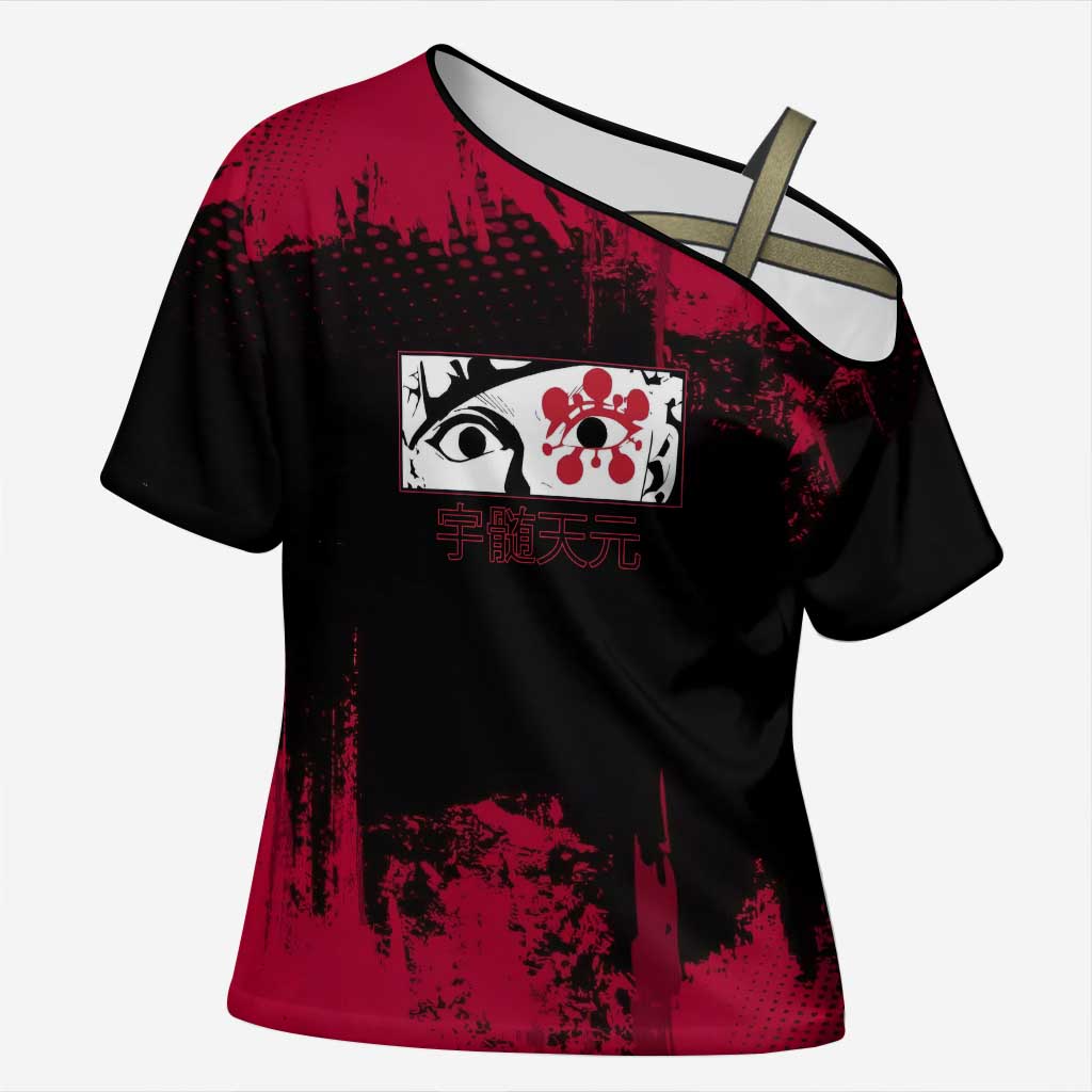 Tengen Uzui Demon Slayer Flashy Red Grunge Design Cross Shoulder Shirt with Eye Detail and Dual Sword Pose - The Mazicc