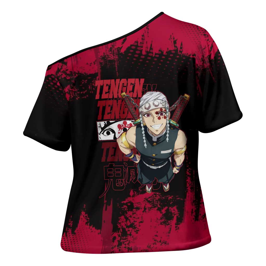 Tengen Uzui Demon Slayer Flashy Red Grunge Design Cross Shoulder Shirt with Eye Detail and Dual Sword Pose - The Mazicc
