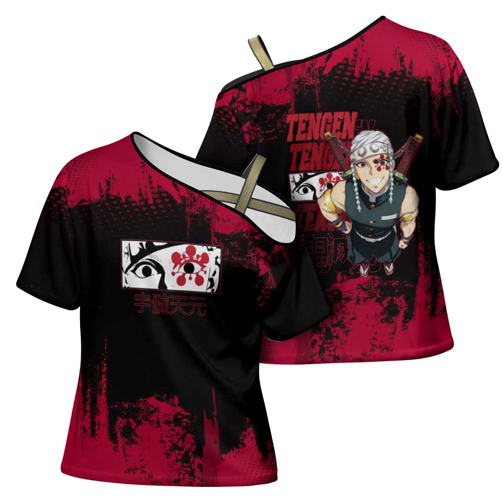 Tengen Uzui Demon Slayer Flashy Red Grunge Design Cross Shoulder Shirt with Eye Detail and Dual Sword Pose - The Mazicc