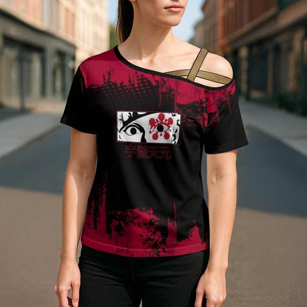 Tengen Uzui Demon Slayer Flashy Red Grunge Design Cross Shoulder Shirt with Eye Detail and Dual Sword Pose - The Mazicc