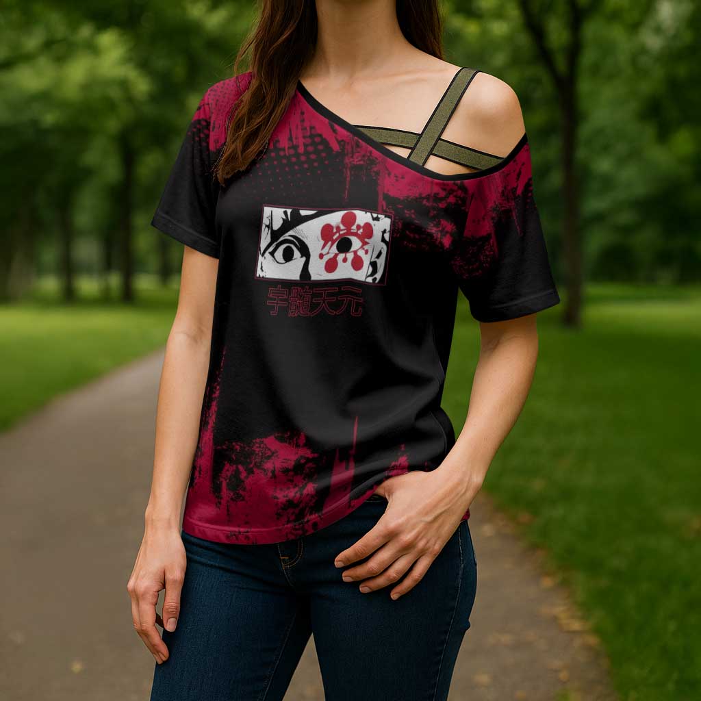 Tengen Uzui Demon Slayer Flashy Red Grunge Design Cross Shoulder Shirt with Eye Detail and Dual Sword Pose - The Mazicc