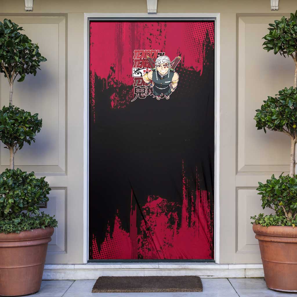 Tengen Uzui Demon Slayer Flashy Red Grunge Design Door Cover with Eye Detail and Dual Sword Pose - The Mazicc