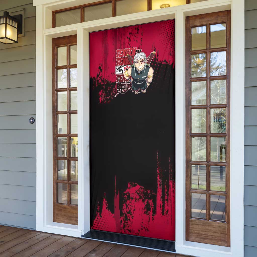 Tengen Uzui Demon Slayer Flashy Red Grunge Design Door Cover with Eye Detail and Dual Sword Pose - The Mazicc