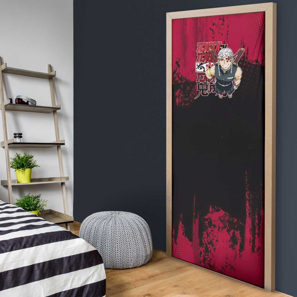 Tengen Uzui Demon Slayer Flashy Red Grunge Design Door Cover with Eye Detail and Dual Sword Pose - The Mazicc