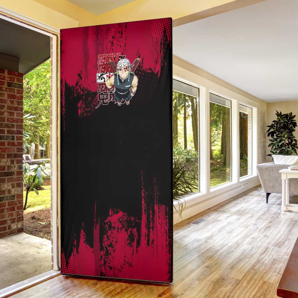 Tengen Uzui Demon Slayer Flashy Red Grunge Design Door Cover with Eye Detail and Dual Sword Pose - The Mazicc