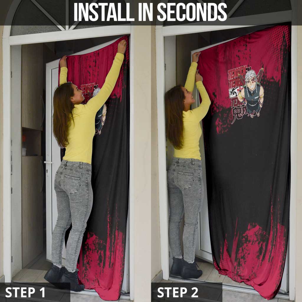 Tengen Uzui Demon Slayer Flashy Red Grunge Design Door Cover with Eye Detail and Dual Sword Pose - The Mazicc